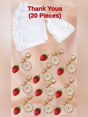 20 Piece Thank You - 10 Strawberry & Daisy Enamel Charms & 10 Organza Bags